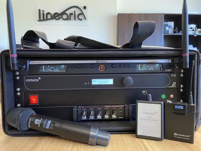 Przenośna pętla indukcyjna do 150 m² – zestaw w torbie rack,  Contacta V22+EU, Relacart UR-230S MH, Mikser
