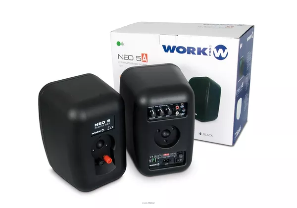 WORK NEO 5 A BIAŁA lub CZARNA, wymiary: 171 x 244 x 166 mm, woofer 5,3 cala, moc: 2 x 30 W RMS, wzmacniacz cyfrowy klasy D, pasmo: 60-22 kHz, SPL 107 dB - 8