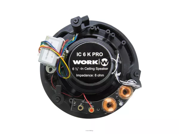 WORK IC 6 K PRO GŁOŚNIK SUFITOWY / bezramkowa maskownica na magnes / membrana KEVLAR / woofer 6,5 cala / moc: 30 W RMS 100 V lub 100 W RMS 8 ohm / pasmo: 50 – 22.000 Hz / IP 65 - 5