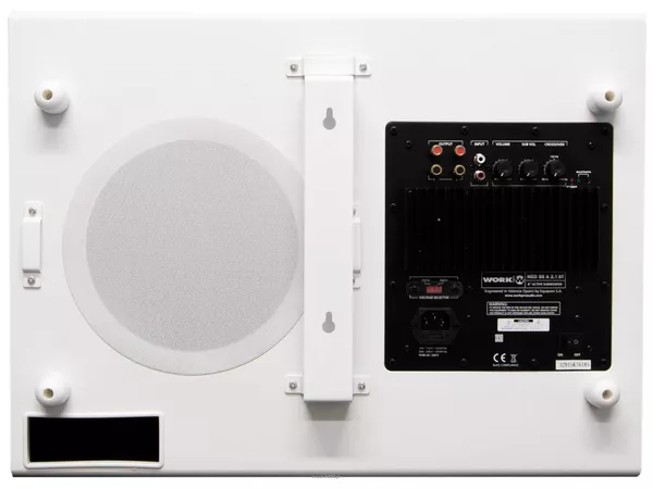 WORK NEO SET 100 BT BIAŁY CZARNY – instalacyjny aktywny zestaw 2.1 BLUETOOTH – Płaski 8 calowy subwoofer naścienny z wbudowanym wzmacniaczem: 2 x 25 W na SAT + 150 W RMS na SUB - 15