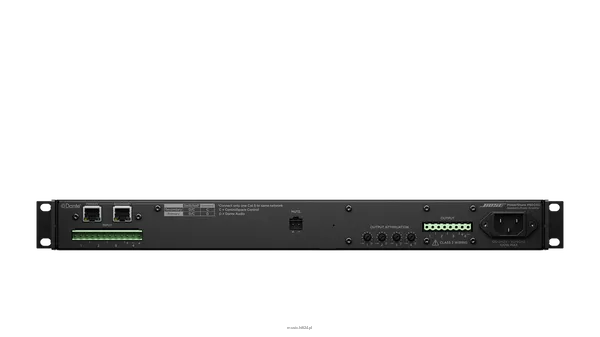 BOSE PowerShare PS604D  Moc wzmacniacza 4 x 150 W (THD + N <0,04%, 1 kHZ, 4-8 Ω, 70/100 V) Kanały wejściowe Analogowe: 4 zbalansowane Dante: 4 cyfrowe Maksymalna moc 600 W przy 4-8 Ω, 70/100 V. Kanały wyjściowe Analogowe: 4 - 2