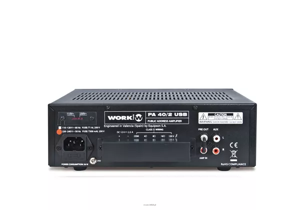WORK PA 40/2 USB Wzmacniacz miksujący 100 V – moc: 40 W / 100 V – wbudowany odtwarzacz MP3 – wejście USB – 2 wejścia mikrofonowe + 1 AUX - 2