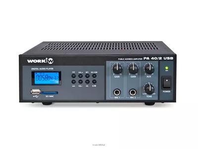 WORK PA 40/2 USB Wzmacniacz miksujący 100 V – moc: 40 W / 100 V – wbudowany odtwarzacz MP3 – wejście USB – 2 wejścia mikrofonowe + 1 AUX