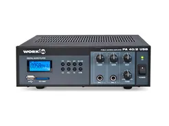 WORK PA 40/2 USB Wzmacniacz miksujący 100 V – moc: 40 W / 100 V – wbudowany odtwarzacz MP3 – wejście USB – 2 wejścia mikrofonowe + 1 AUX