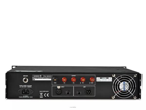 PA 5000 Wzmacniacz mocy 100 V – jednokanałowa końcówka mocy 100 V – moc: 480 W RMS przy 100 V – regulacja barwy tonów – 2 wejścia line / wysokość 2 U / waga 30 kg - 2