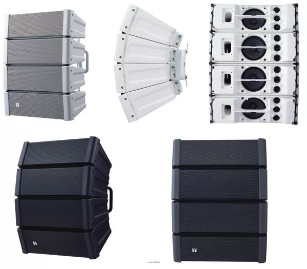 TOA HX-5B  System głośnikowy z regulowaną charakterystyką promieniowania; zbudowany z 4 modułów głośnikowych (woofer + 3 tweetery każdy); moc znamionowa 200W, efektywność 96-99 dB SPL (zależnie od kąta otwarcia), pasmo przenoszenia 70(85)Hz - 20kHz (zależ - 2