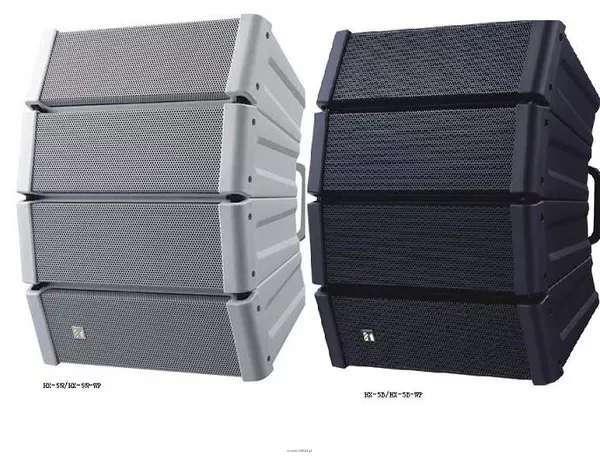 TOA HX-5W System głośnikowy z regulowaną charakterystyką promieniowania; zbudowany z 4 modułów głośnikowych (woofer + 3 tweetery każdy); moc znamionowa 200W, efektywność 96-99 dB SPL (zależnie od kąta otwarcia), pasmo przenoszenia 70(85)Hz - 20kHz (zależn - 4