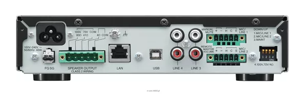 TOA A-5006  Cyfrowy wzmacniacz miksujący 60W; 1-strefowyl wyjścia 100V/4Ohm, 2 wejścia zbalansowane MIC/LINE, 2 wejścia stereo LINE, procesor DSP - 3