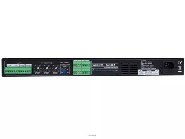 WORK PA 1254 CYFROWY wzmacniacz 4 KANAŁOWY wysokiej mocy / wbudowane DSP - zwrotnica / moc: 4 x 125 W RMS lub 2 x 125 W na sat + 1 x 500 W RMS na sub / wysokość 1 U / waga: 5 kg - 3