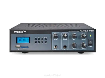 WORK PA 90/2 USB Wzmacniacz miksujący 100 V – moc: 90 W / 100 V -  wbudowany odtwarzacz MP3 – wejście USB – 2 wejścia mikrofonowe + 1 AUX